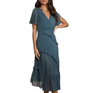 Lulus Split Sleeve Next To You Slate Blue Swiss Dot Ruffled Midi Dress Size M